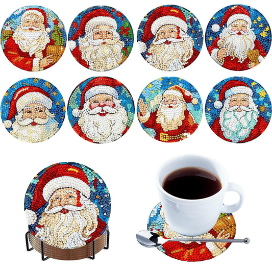 8pcs Cartoon DIY Diamond Painting Wooden Coasters Kits with Holder (Santa Claus)