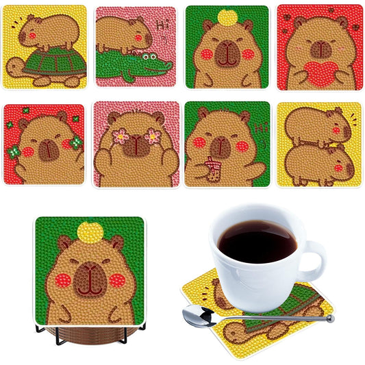 8pcs Cartoon DIY Diamond Painting Wooden Coasters Kits with Holder (Capybara)