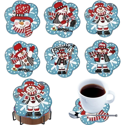 6pcs Cartoon DIY Diamond Painting Wooden Coasters Art Kits with Holder (Snowman)