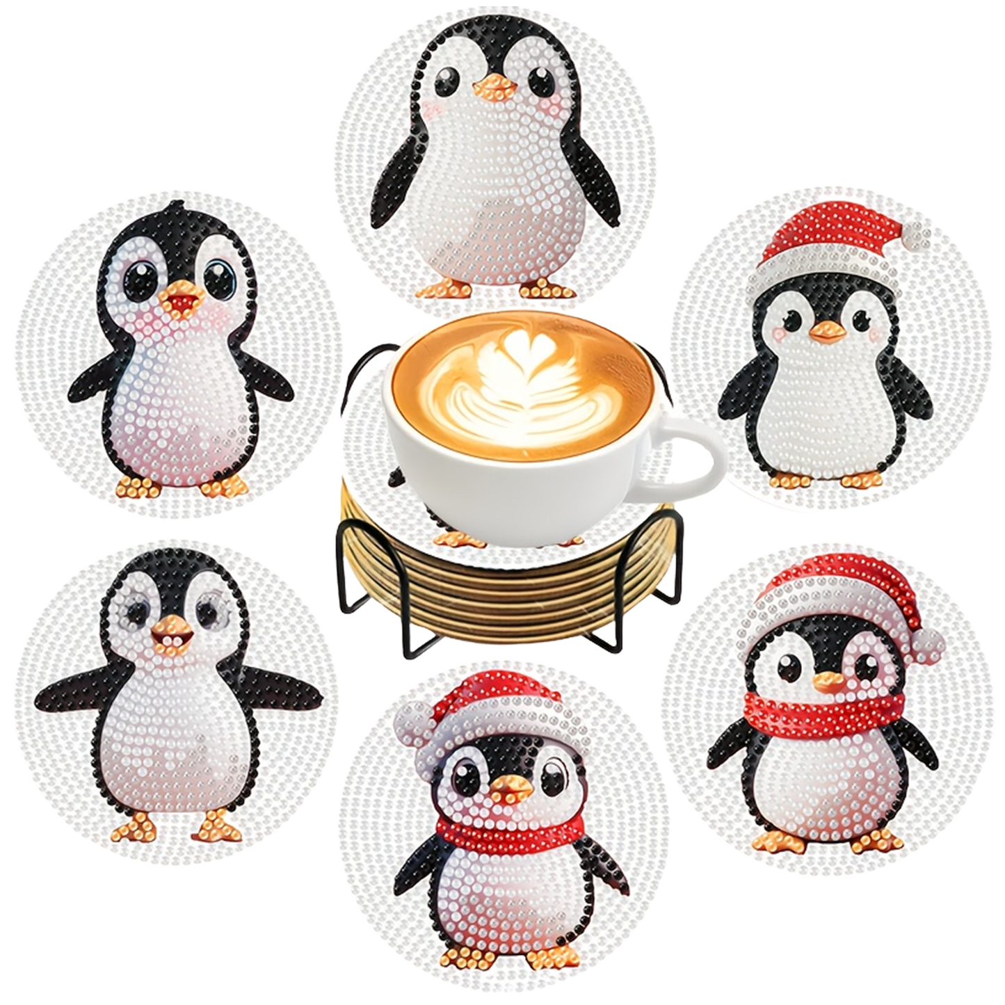 6pcs Cartoon DIY Diamond Painting Wooden Coasters Art Kits with Holder (Penguin)