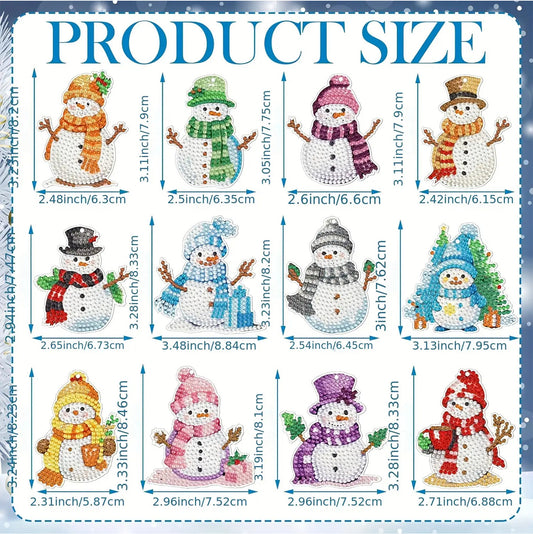 12pcs 2D DIY Double Side Diamond Painting Keychains for Decor Crafts (Snowman)