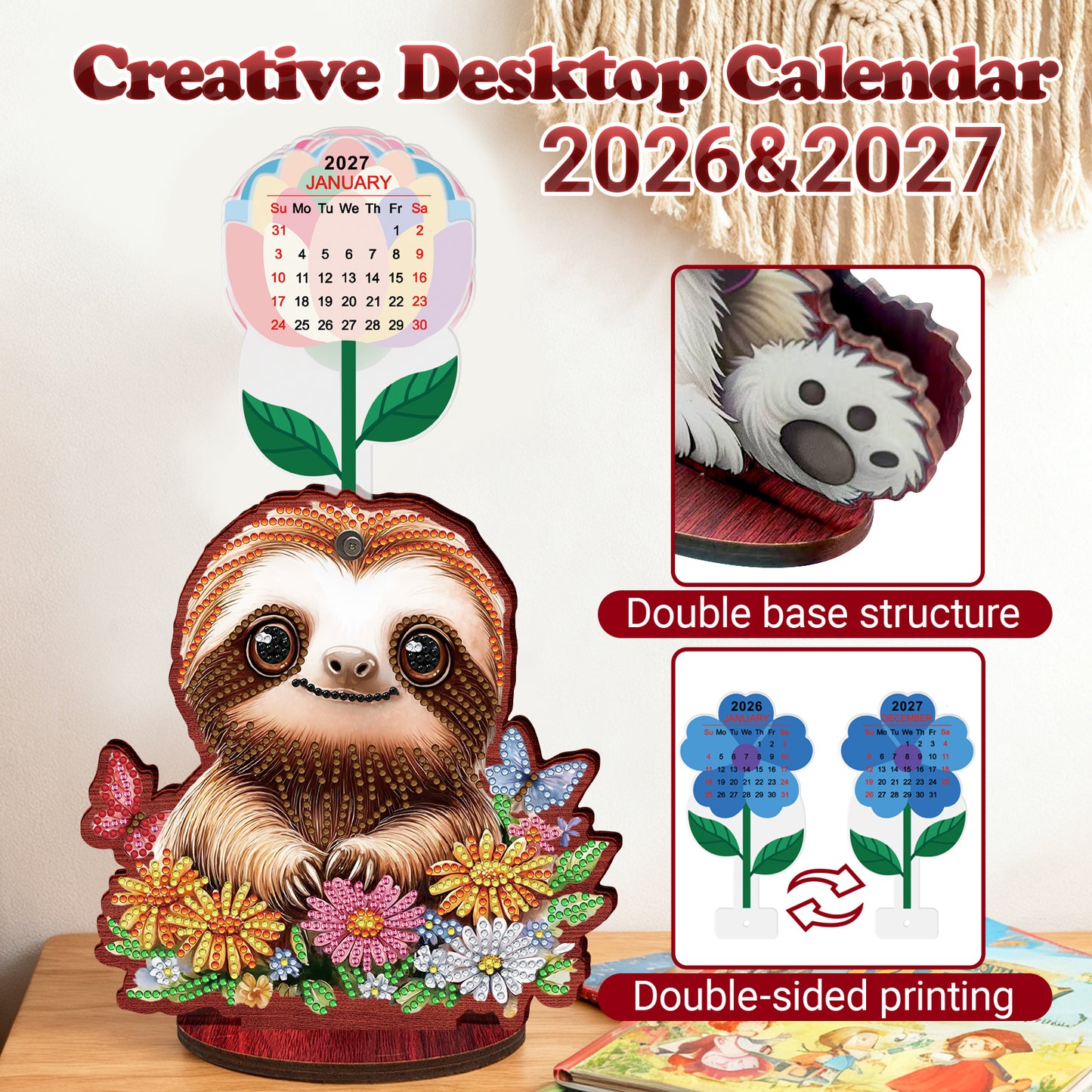 2026-2027 Sloth Wooden DIY 5D Diamond Painting Calendar for Home Office Decor