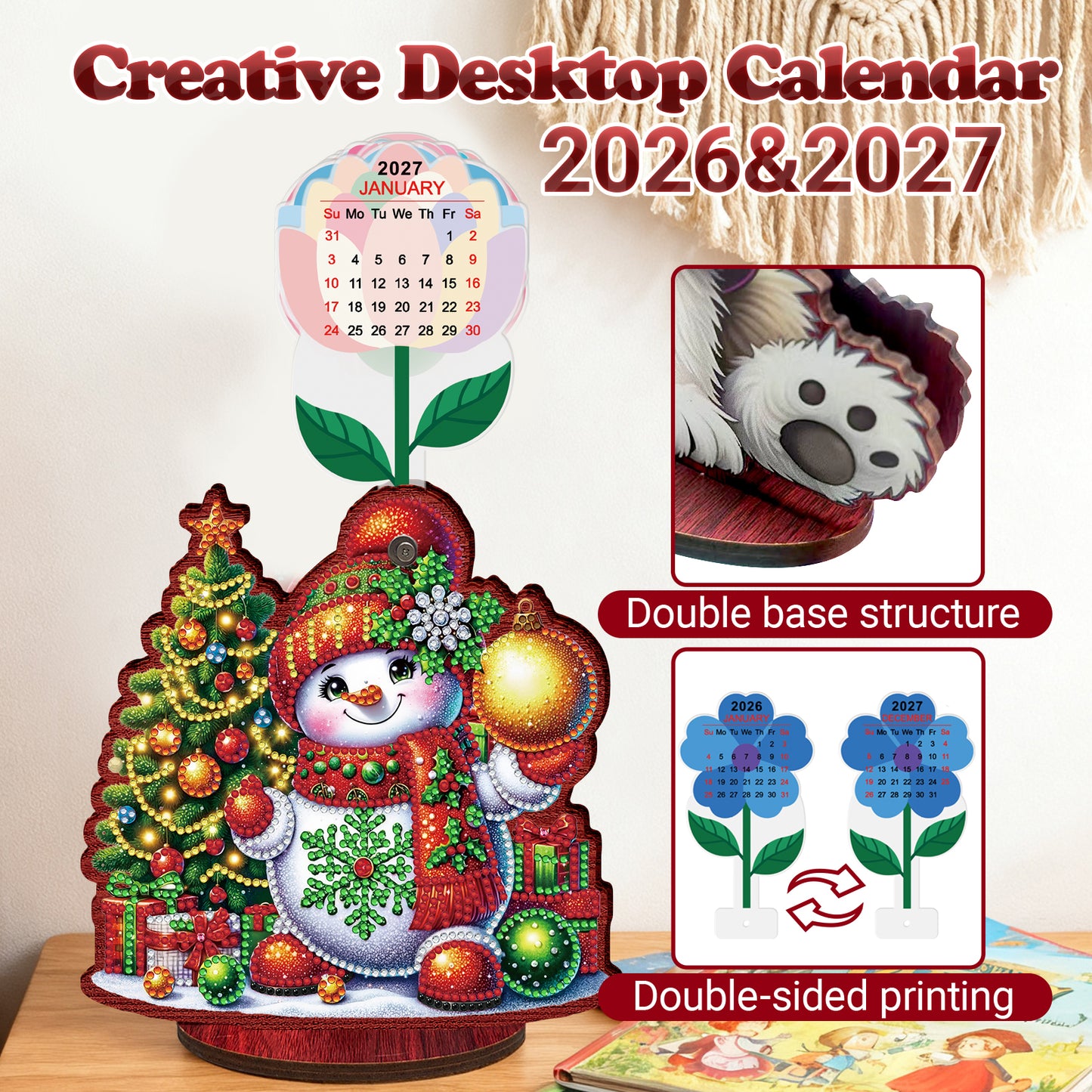2026-2027 Snowman Wooden DIY 5D Diamond Painting Calendar for Home Office Decor