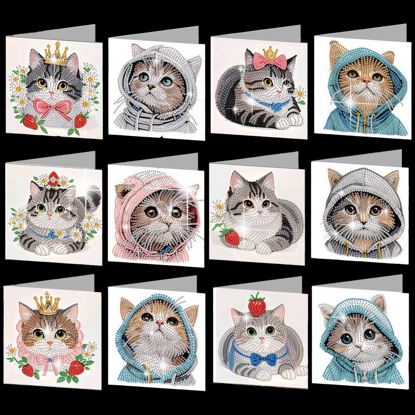 12PCS Cute Kitten DIY Diamond Painting Greeting Card Set with Envelopes