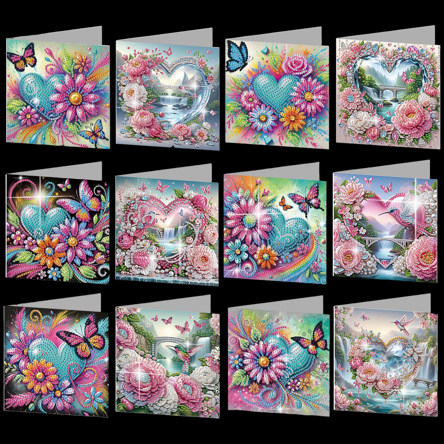 12PCS Flower Heart DIY Diamond Painting Greeting Card Set with Envelopes