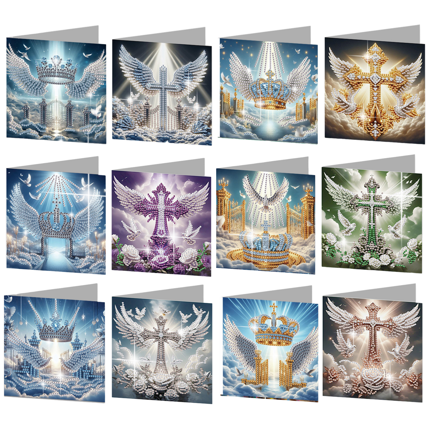 12PCS Angel Wings Cross DIY Diamond Painting Greeting Card Set with Envelopes