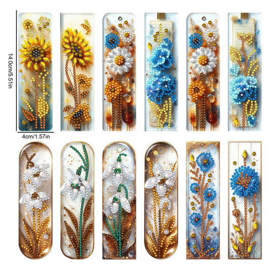 12pcs Flowers DIY 5D Diamond Painting Bookmark Kit w/ Pendant for Adult Beginner