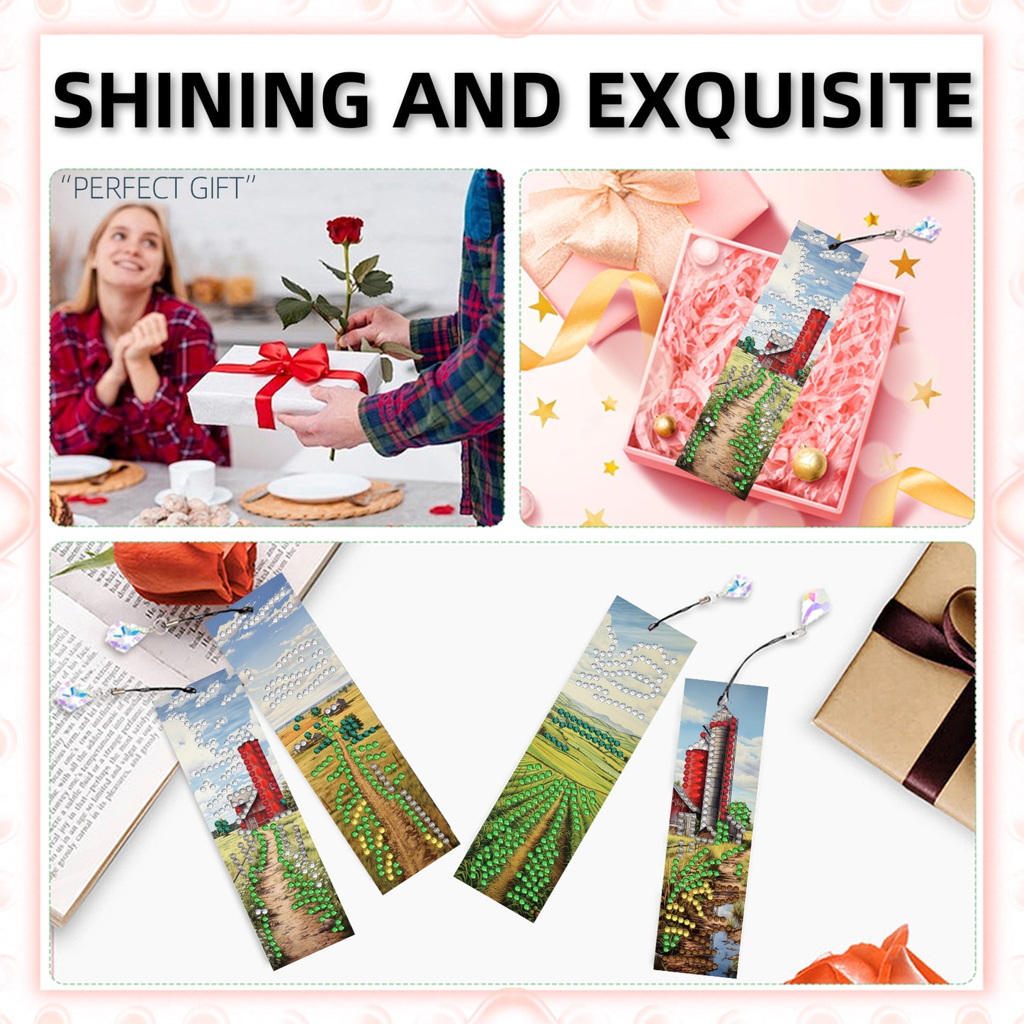 12pcs Countryside DIY 5D Diamond Painting Bookmark Kit with Pendant for Adults