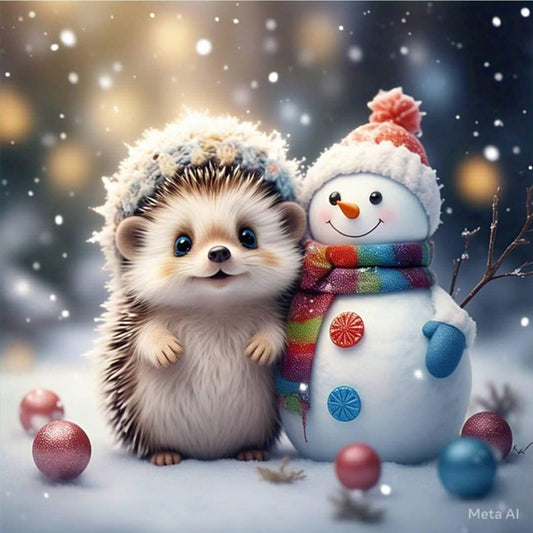 Winter Christmas Hedgehog Snowman - Full Square Drill Diamond Painting 30*30CM