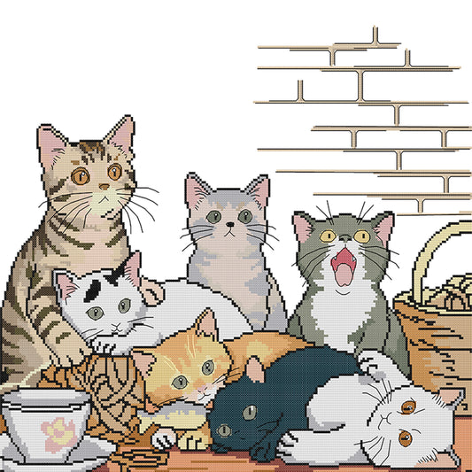 Seven Kittens - 14CT Stamped Cross Stitch 48*45CM (Joy Sunday)