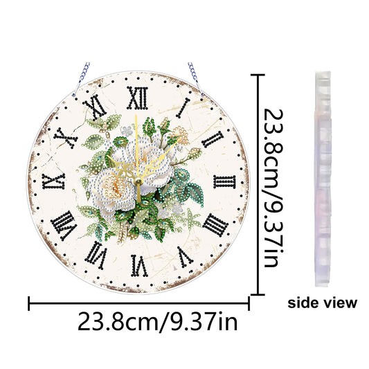 2D DIY Acrylic White Flower Diamond Painting Wall Clock Pendant w/Clock Function
