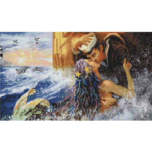 A Kiss To The Mermaid - 14CT Stamped Cross Stitch 52*33CM (Joy Sunday)
