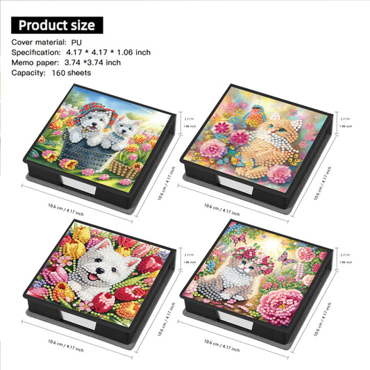 4Pcs Cat 5D DIY PU Diamond Painting Kit Office Note Box with 640 Sheets Paper