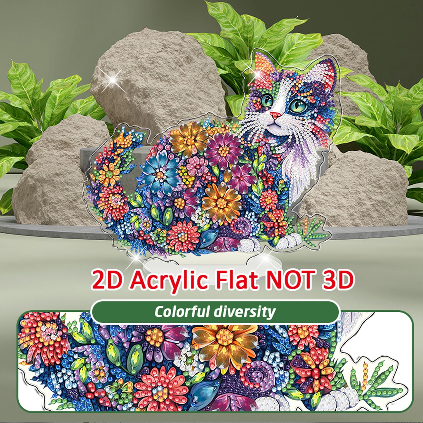 Cat DIY 2D Flat Acrylic Diamond Painting Tabletop Ornament for Home Decor Gift