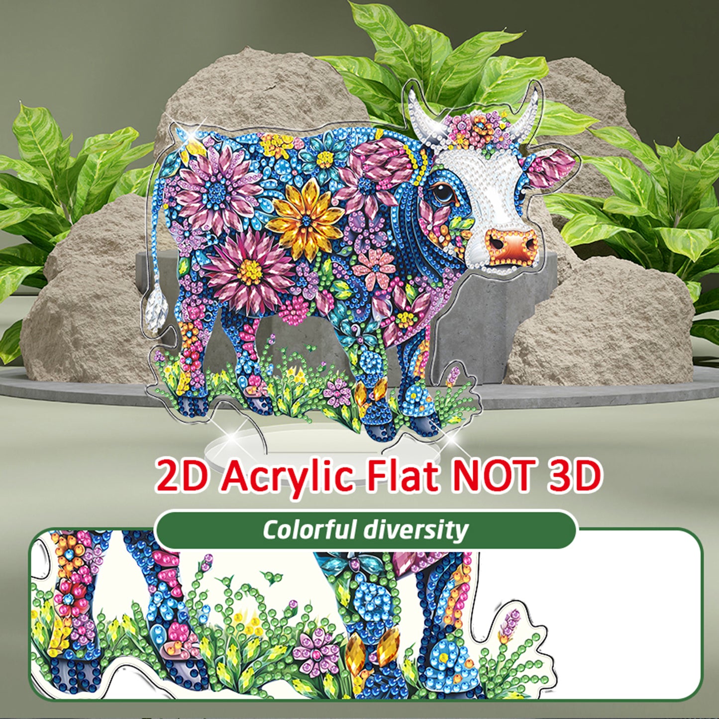 Cow DIY 2D Flat Acrylic Diamond Painting Tabletop Ornament for Home Decor Gift
