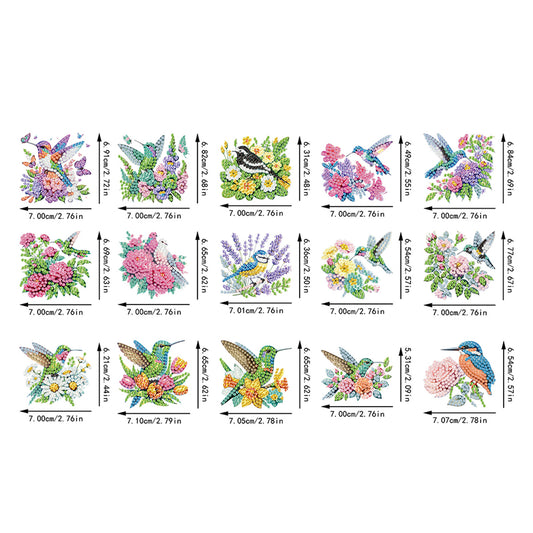 15Pcs Flowers Birds DIY Double Sided Diamond Painting Keychain Kits for Adults