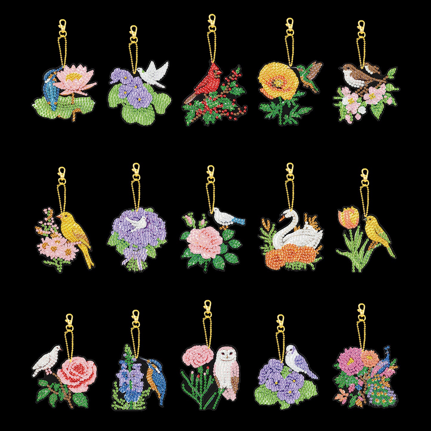 15Pcs Flowers Animals DIY Double Sided Diamond Painting Keychain Kits for Adults