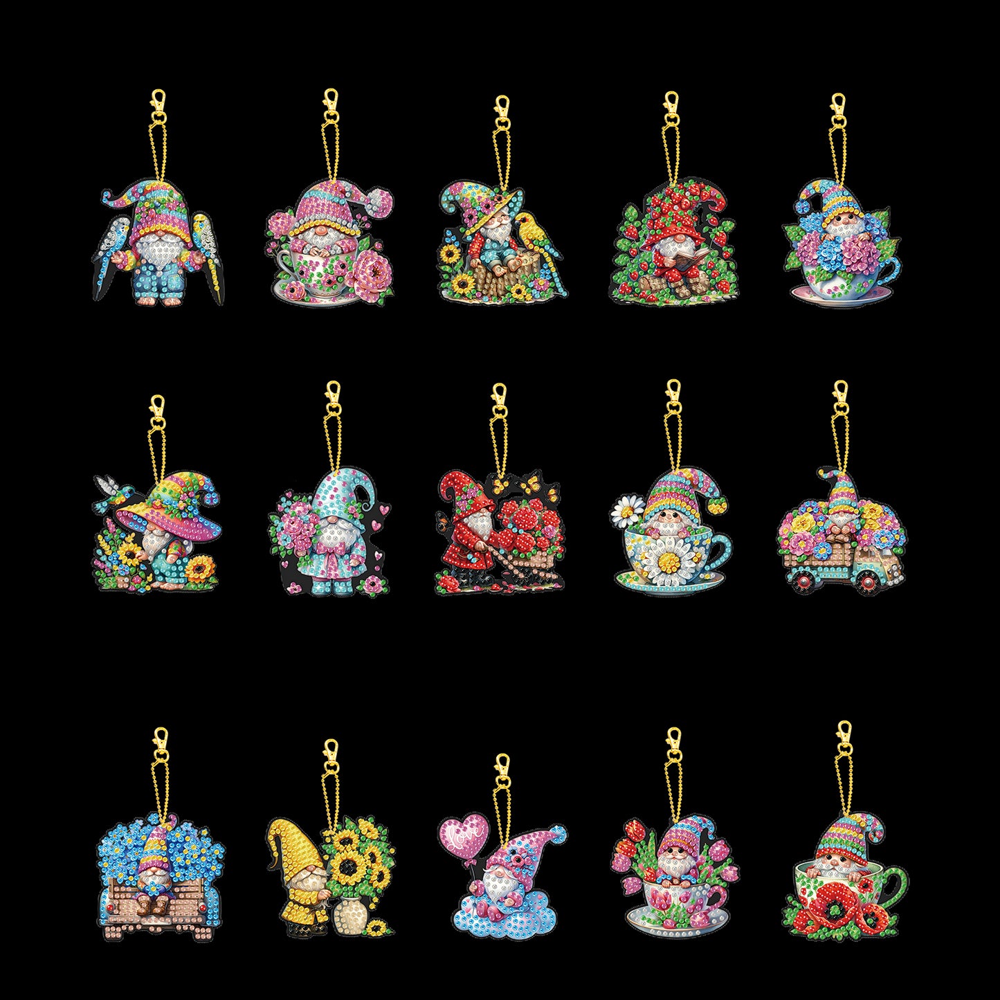 15Pcs Gnome DIY Double Sided Diamond Painting Keychain Kits for Beginners