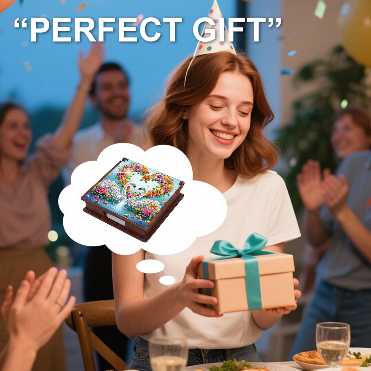 Wooden DIY Flower Swan Diamond Painting Kit Note Box with 160 Papers for Office