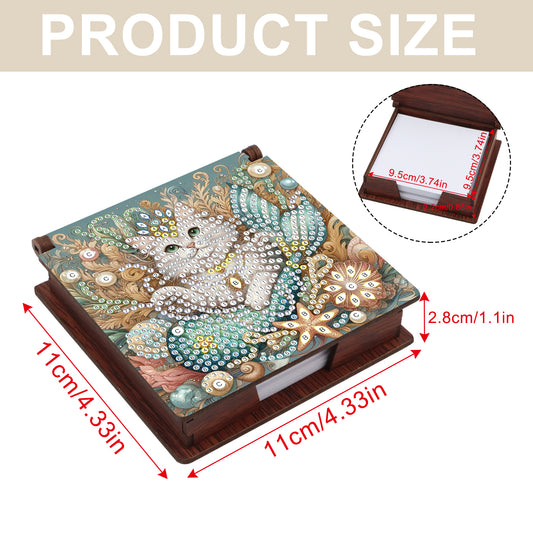 Wooden DIY White Cat Diamond Painting Kit Note Box with 160 Papers for Office