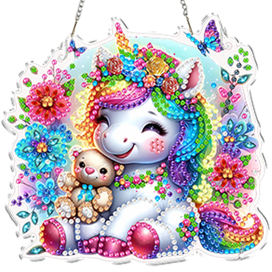 4pcs Flower Unicorn DIY 2D Flat Acrylic Diamond Painting Kit Diamond Art Pendant