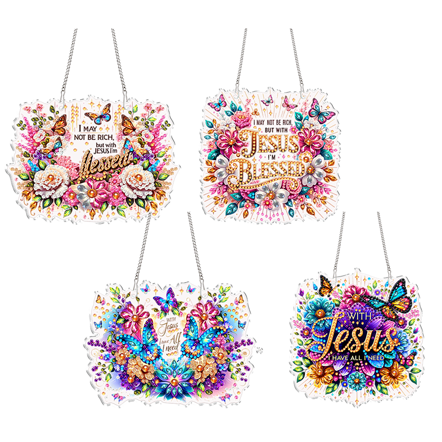 4Pcs Butterfly Flowers 2D Flat DIY Special Shape Diamond Art Hanging Pendant Kit