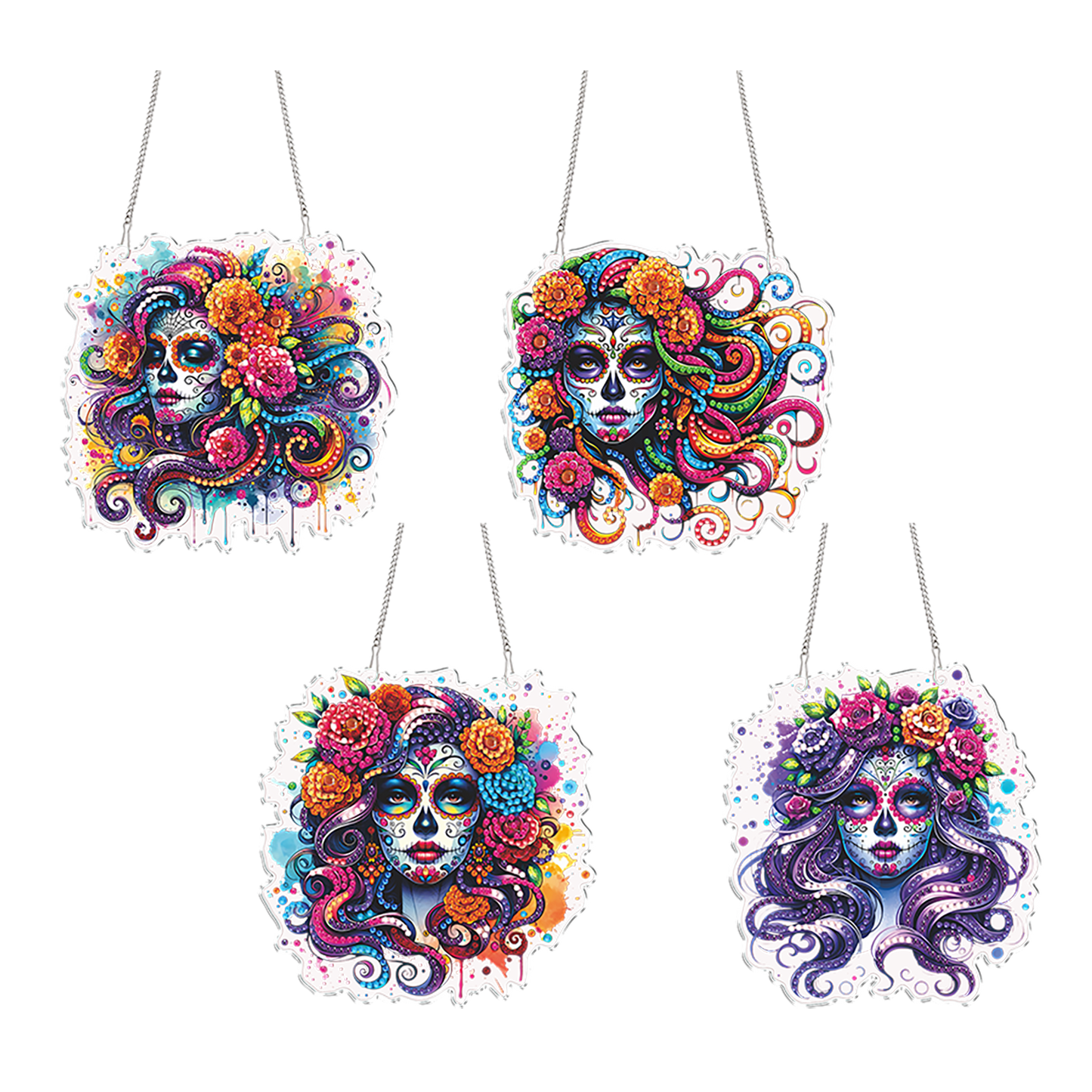 4Pcs Flower Skeleton 2D Flat DIY Special Shape Diamond Art Hanging Pendant Kit