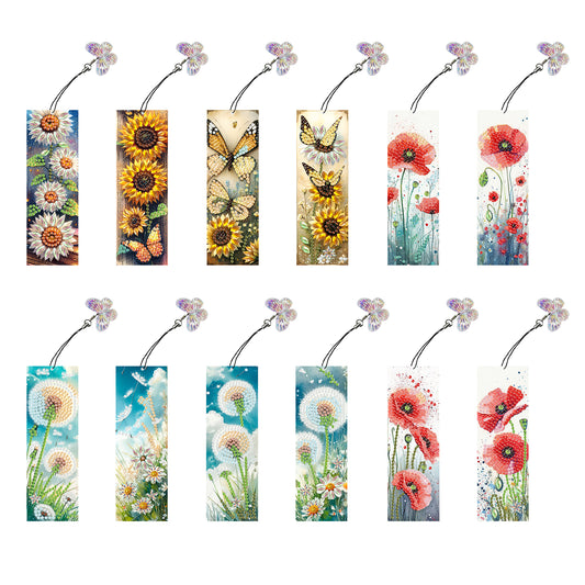 12Pcs Flowers DIY Diamond Art Painting Bookmark for Reading Enthusiasts