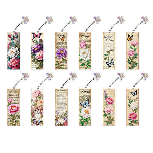 12Pcs Flowers Words DIY Diamond Art Painting Bookmark for Reading Enthusiasts