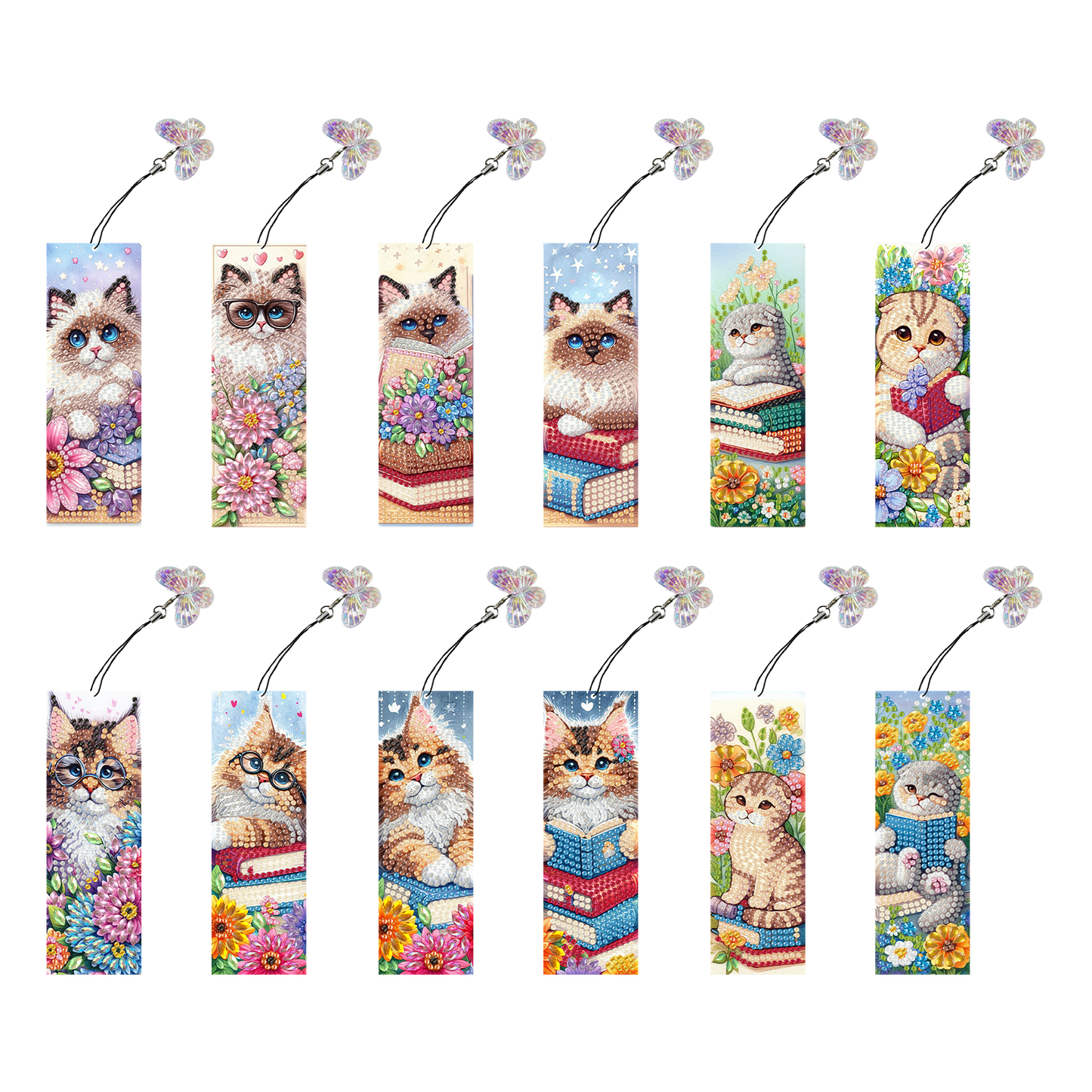 12Pcs Cats Books DIY Diamond Art Painting Bookmark for Reading Enthusiasts