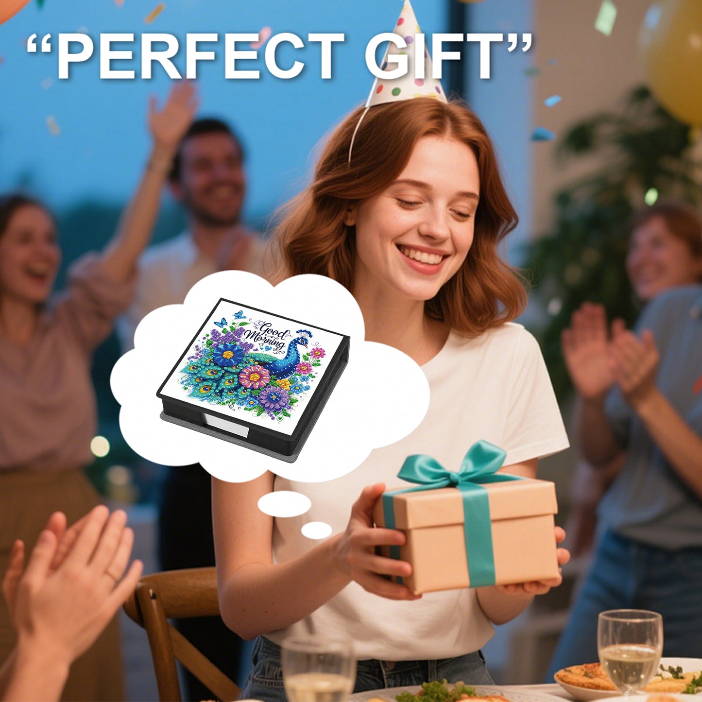 Blue Peacock PU DIY 5D Diamond Painting Note Box w/160 Sheets for Office Home