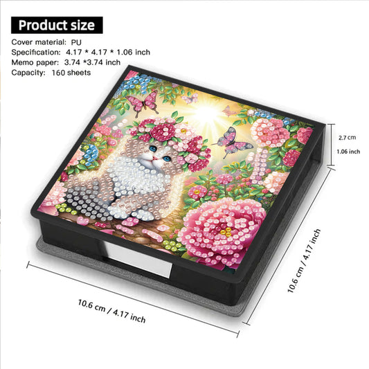 Flowers Cat PU DIY 5D Diamond Painting Note Box with 160 Sheet for Office Home