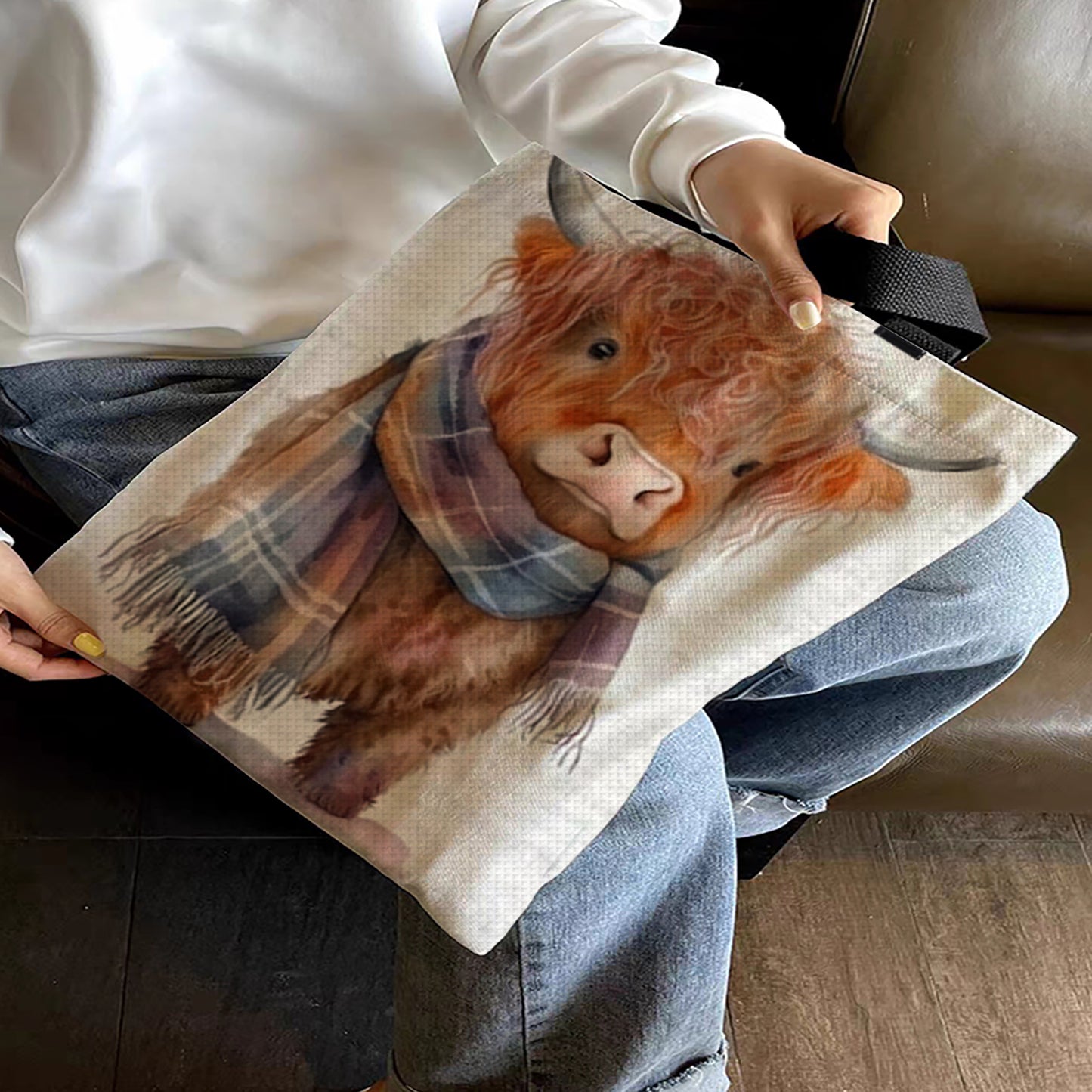 Yak with Scarf Canvas Tote Bag Embroidery Kit 11CT Print 40x40cm for Beginners