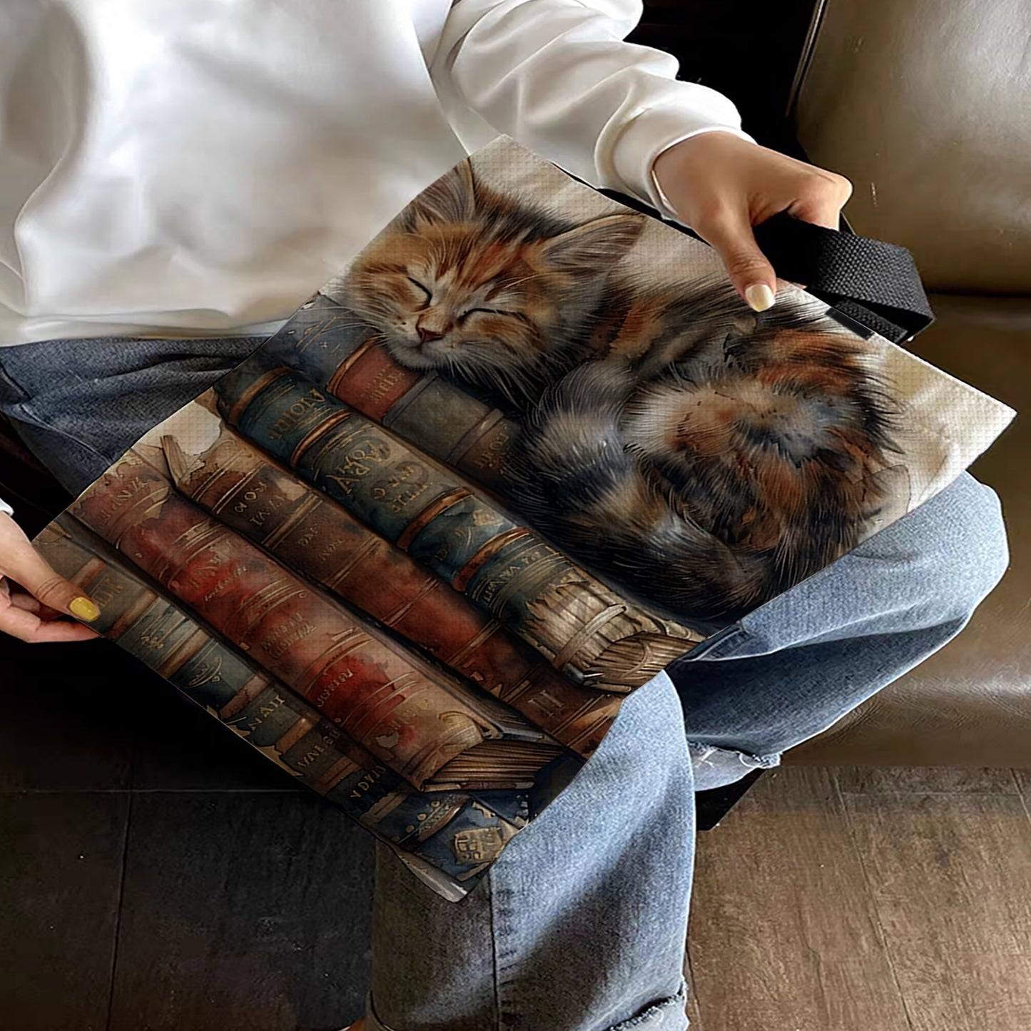 Book Pile Cat Canvas Tote Bag Embroidery Kit 11CT Print 40x40cm for Beginners