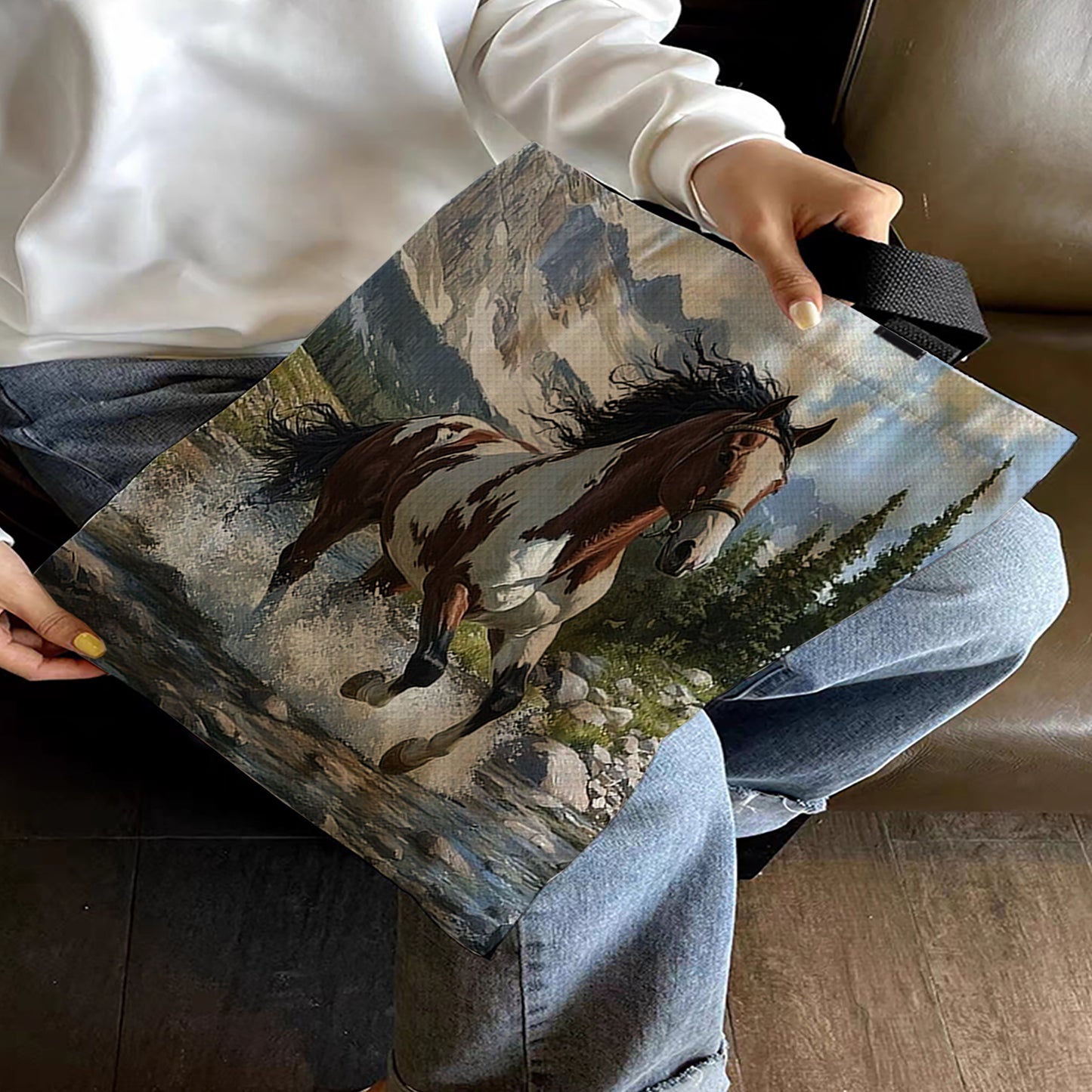 Running Horses Canvas Tote Bag Embroidery Kit 11CT Print 40x40cm for Beginners