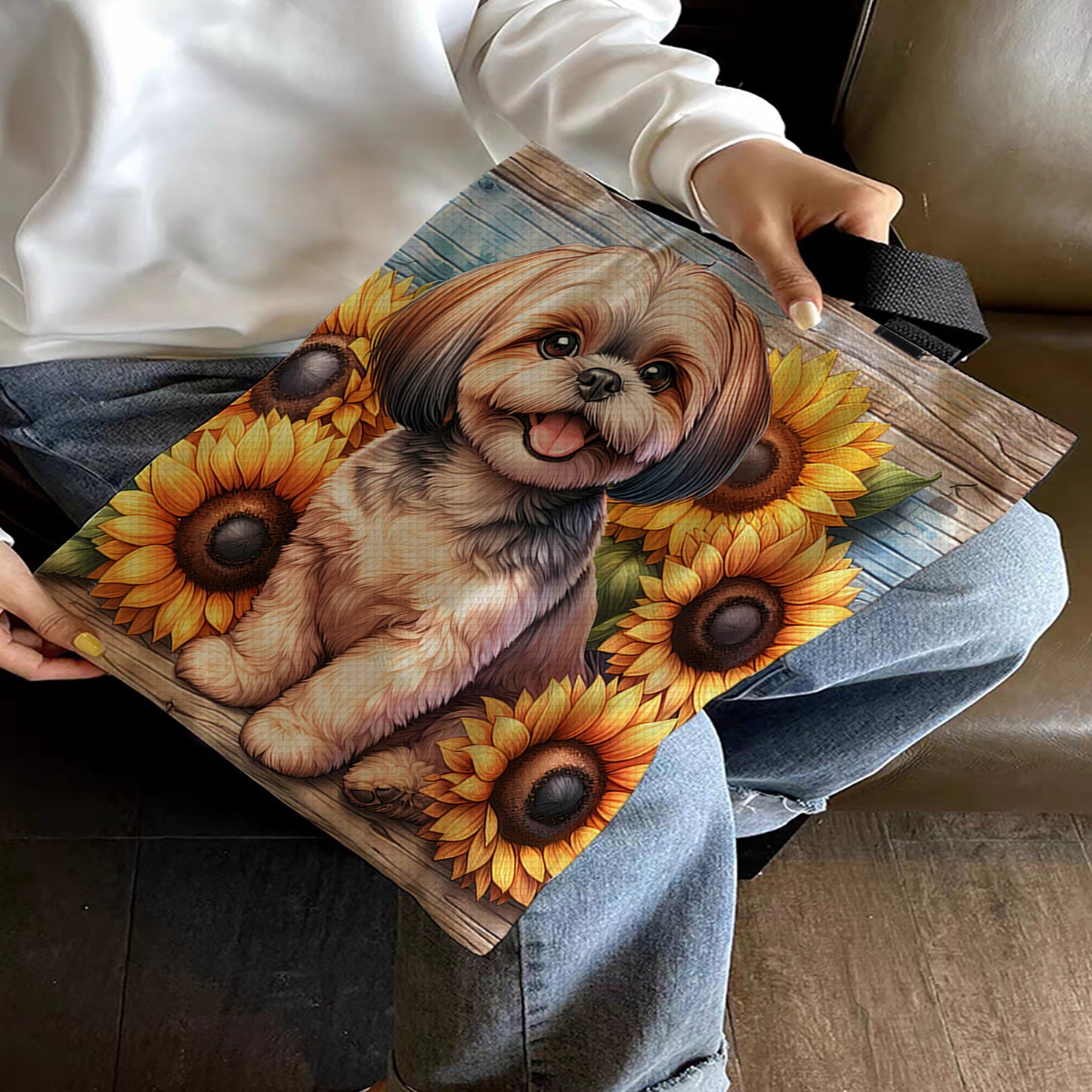 Sunflower Shih Tzu Canvas Tote Bag Embroidery Kit 11CT Print 40x40cm for Adults