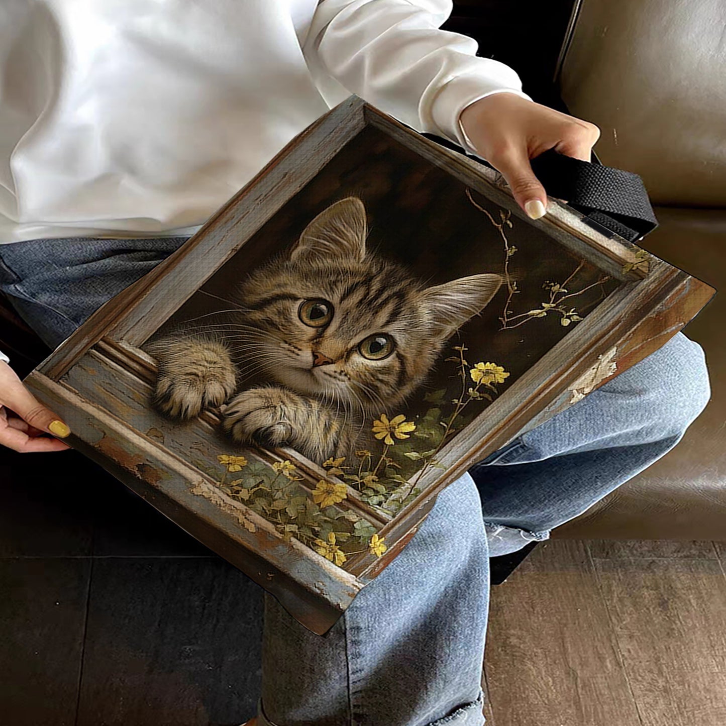 Daisy Window Cat Canvas Tote Bag Embroidery Kit 11CT Print 40x40cm for Beginners