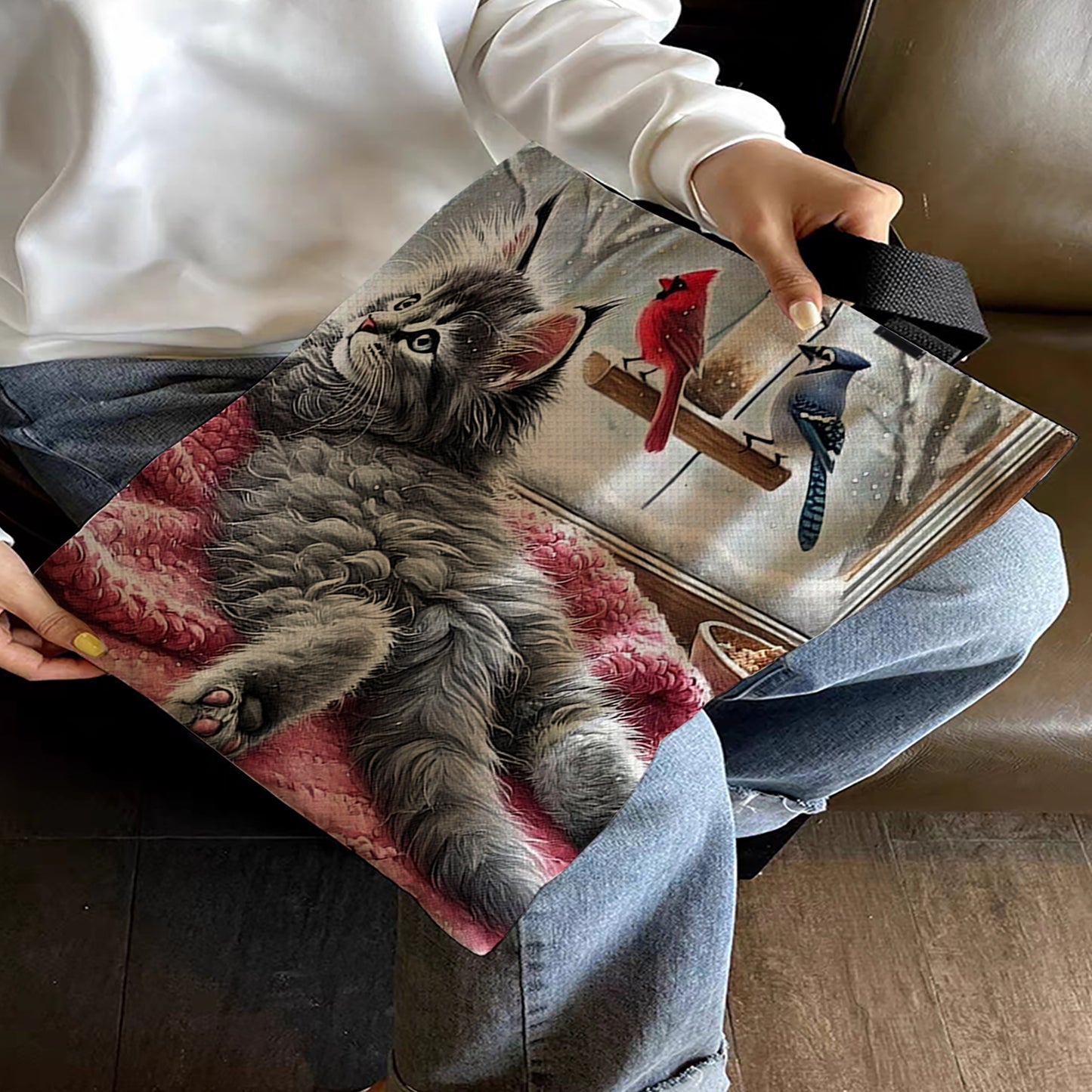 Indoor Cat Blanket Canvas Tote Bag Embroidery Kit 11CT Print 40x40cm for Adults