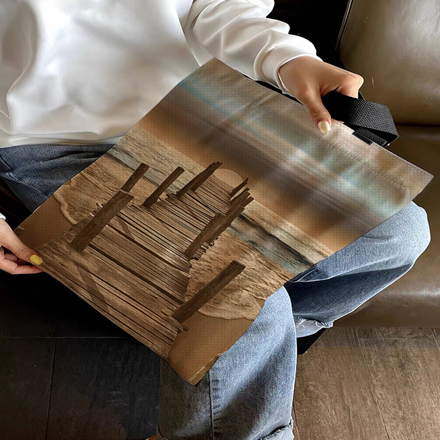 Seaside Boardwalk Canvas Tote Bag Embroidery Kit 11CT Print 40*40cm for Beginner