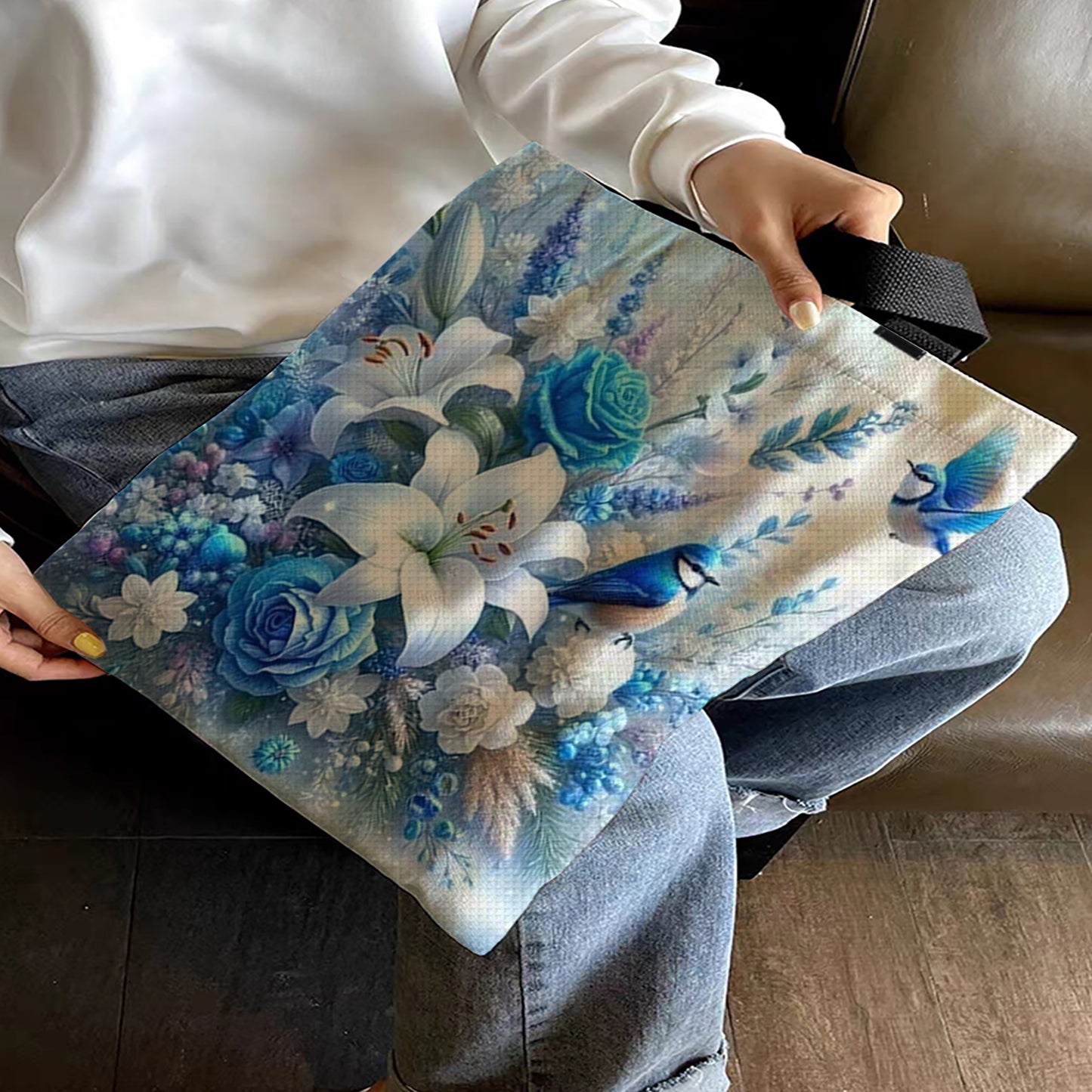 Flowers Birds Canvas Tote Bag Embroidery Kit 11CT Print 40*40cm for Beginner