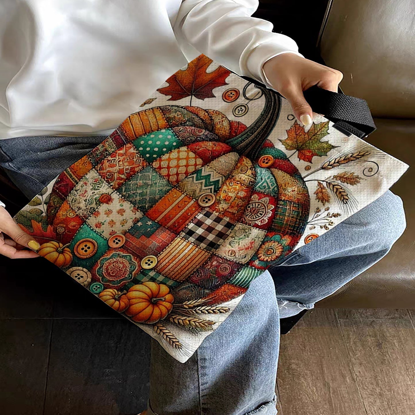 Spliced Pumpkin Canvas Tote Bag Embroidery Kit 11CT Print 40*40cm for Beginner