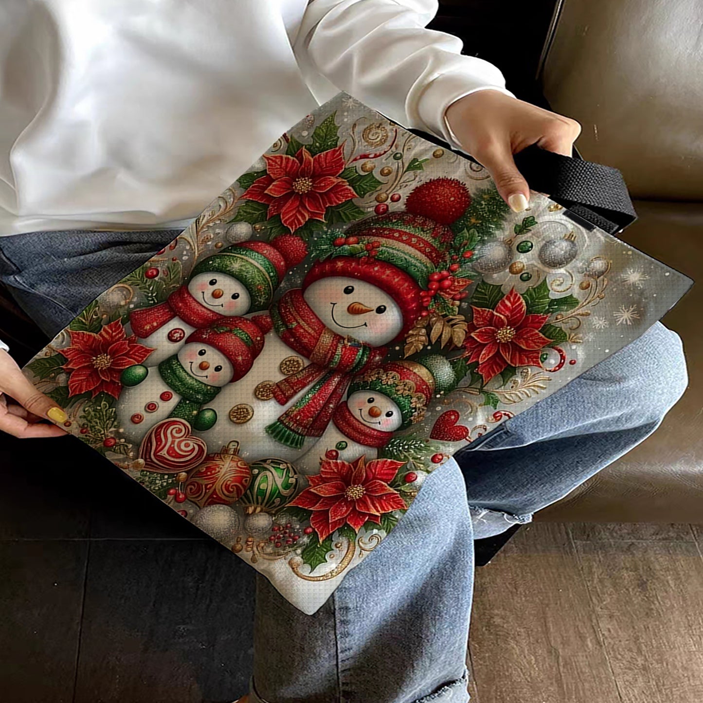 Christmas Snowman Canvas Tote Bag Cross Stitch Set for Beginners 11CT 40x40cm