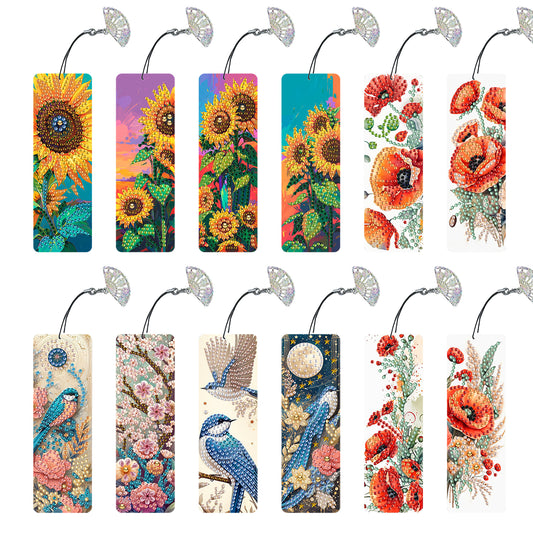 12Pcs Flowers and Birds DIY Diamond Painting Bookmarks for Reading Enthusiasts