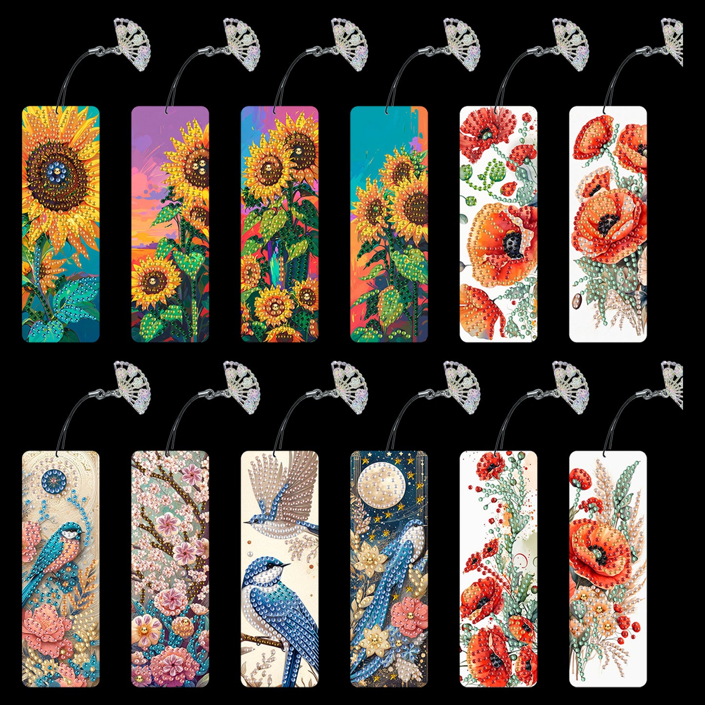 12Pcs Flowers and Birds DIY Diamond Painting Bookmarks for Reading Enthusiasts
