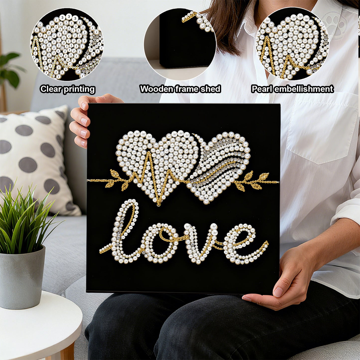 Love - DIY Pearl Gem Art Diamond Painting Kits With Framefor Home Decor -25x25cm