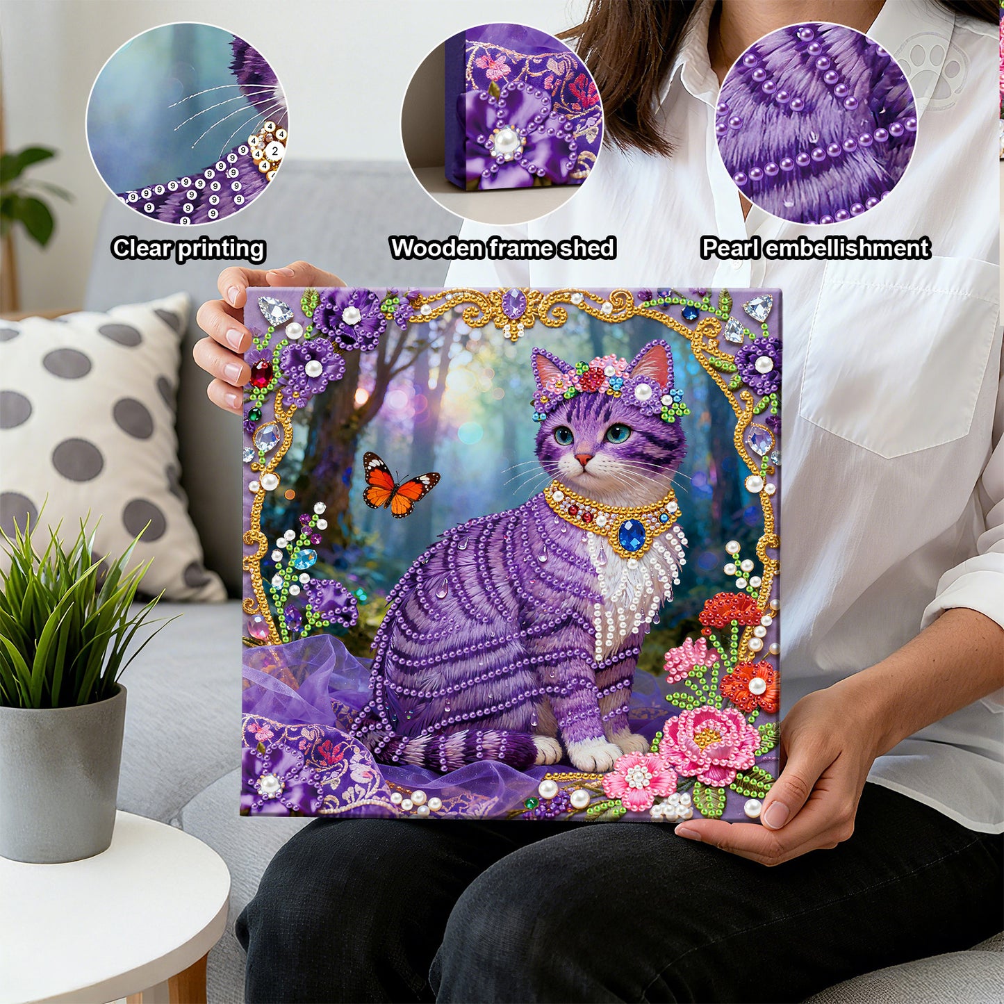 Kitty - DIY Pearl Gem Art Diamond Painting Kits With Framefor Home Decor -25x25cm
