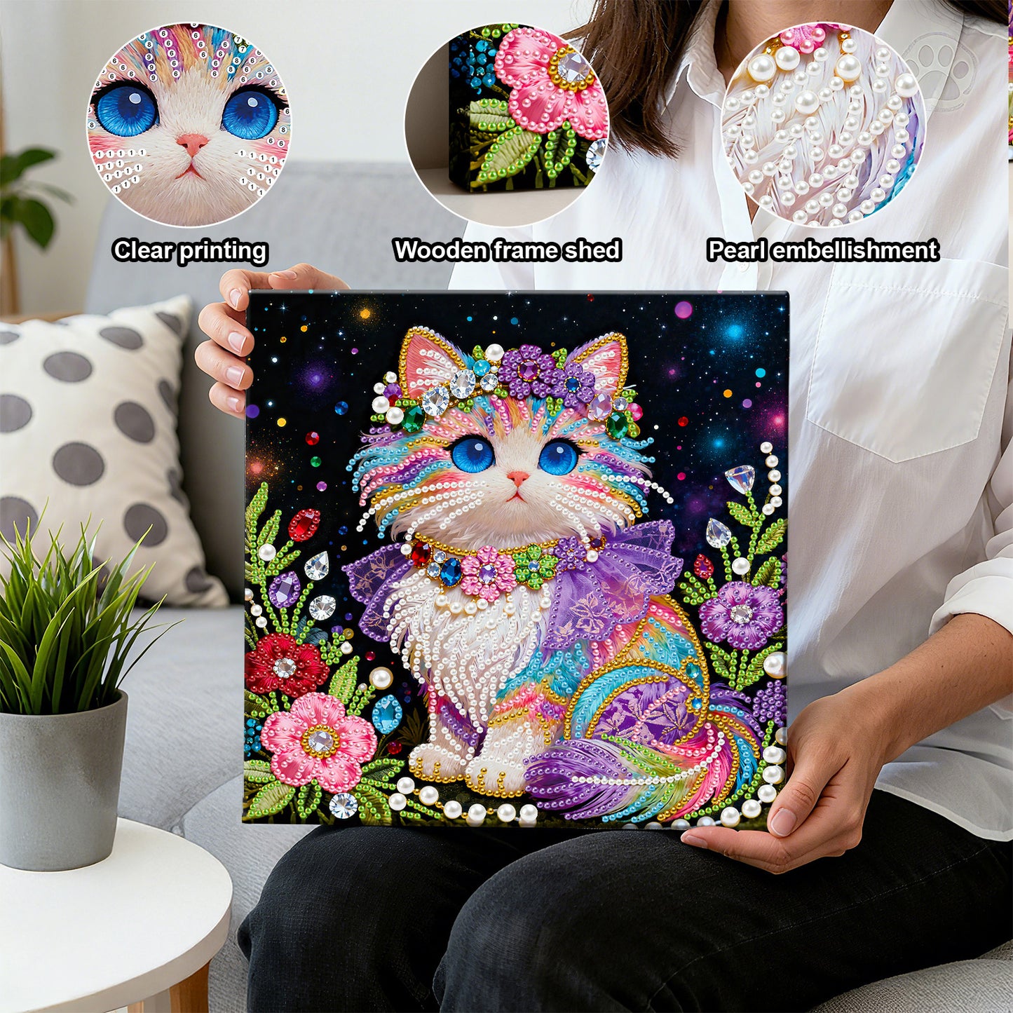 Kitty - DIY Pearl Gem Art Diamond Painting Kits With Framefor Home Decor -25x25cm