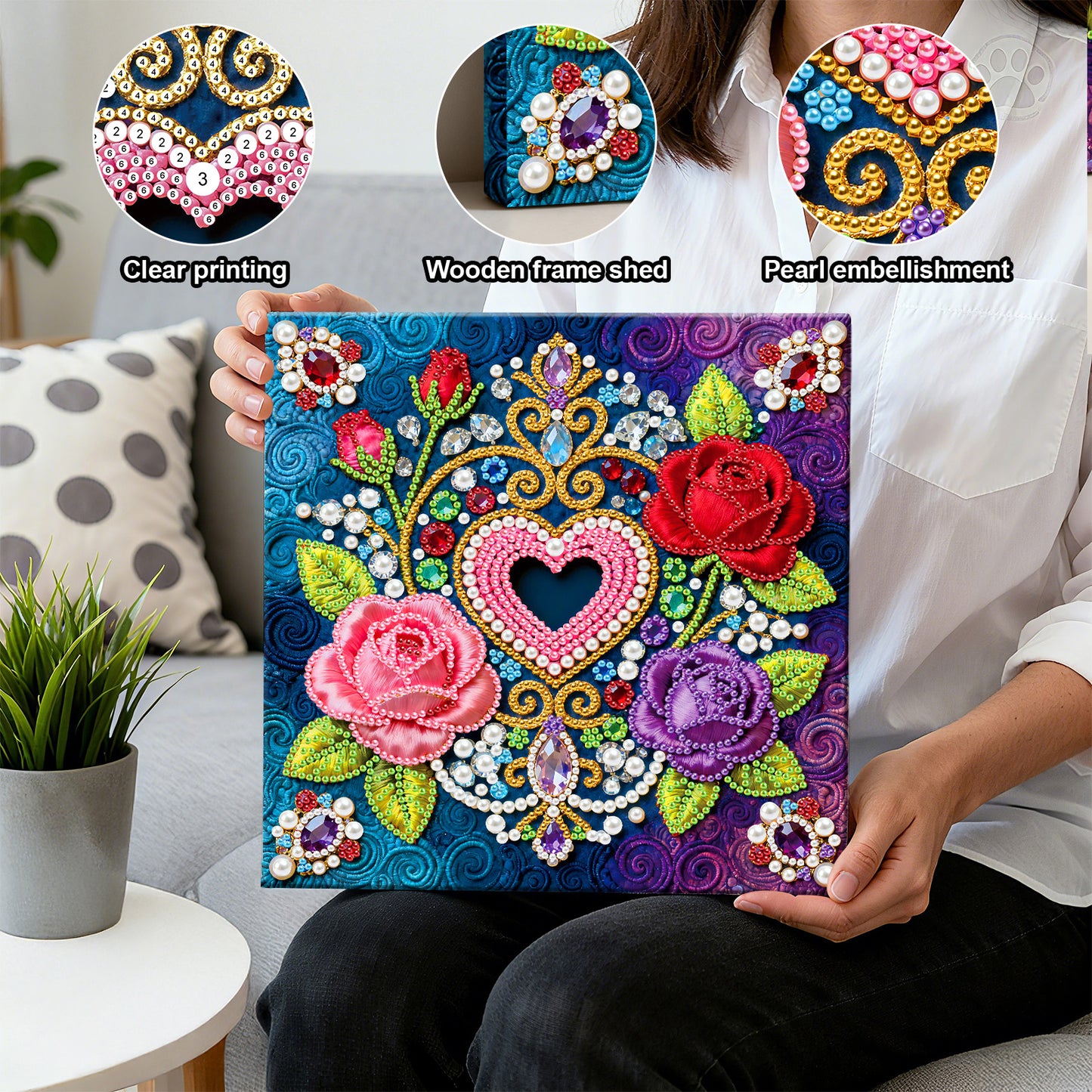 Flowers - DIY Pearl Gem Art Diamond Painting Kits With Framefor Home Decor -25x25cm