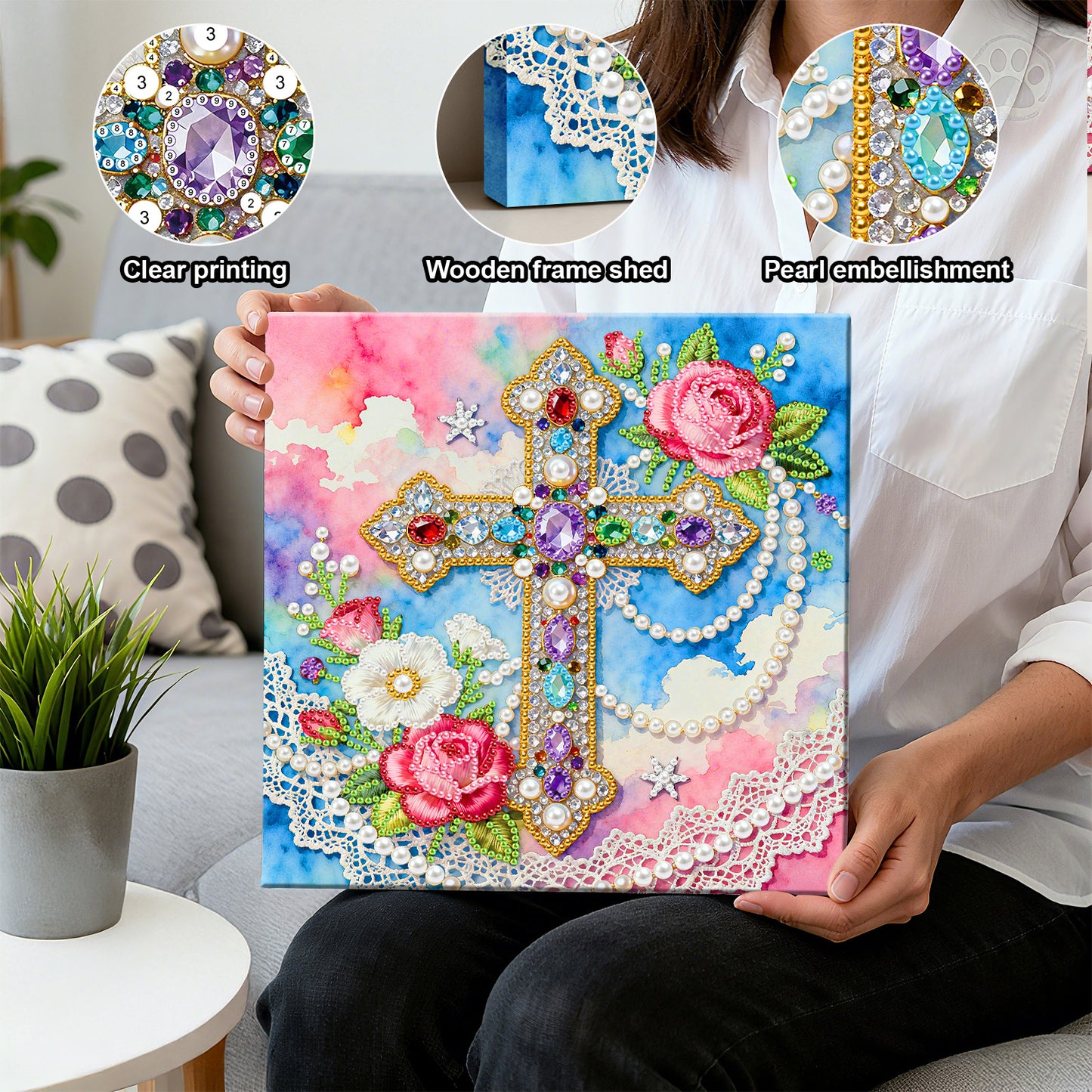 Cross - DIY Pearl Gem Art Diamond Painting Kits With Framefor Home Decor -25x25cm