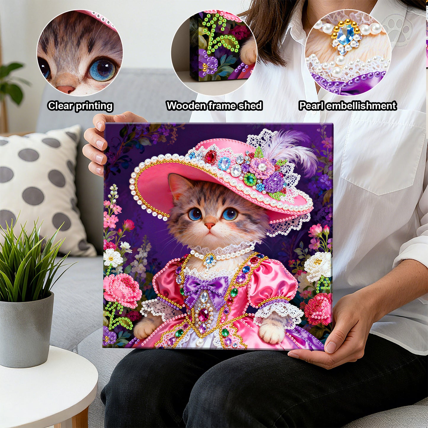 Kitty - DIY Pearl Gem Art Diamond Painting Kits With Framefor Home Decor -25x25cm